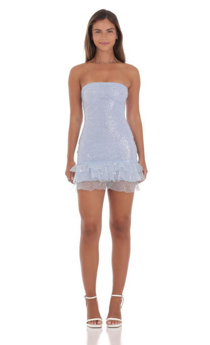 Lucy In The Sky Sequin Strapless Bodycon Dress in Light Blue
