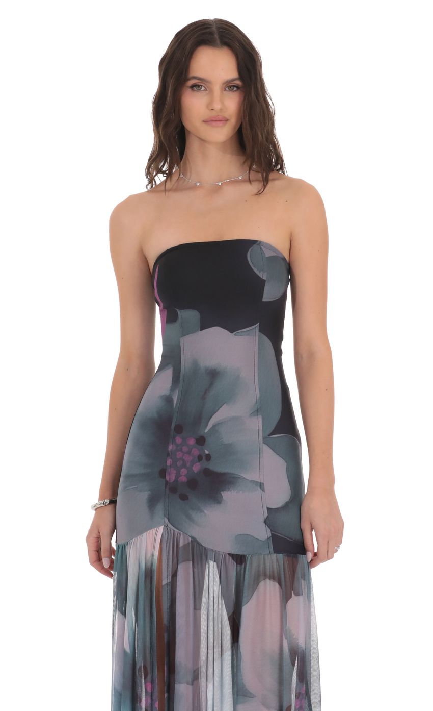 Lucy In The Sky Foral Mesh Strapless Maxi Dress in Navy