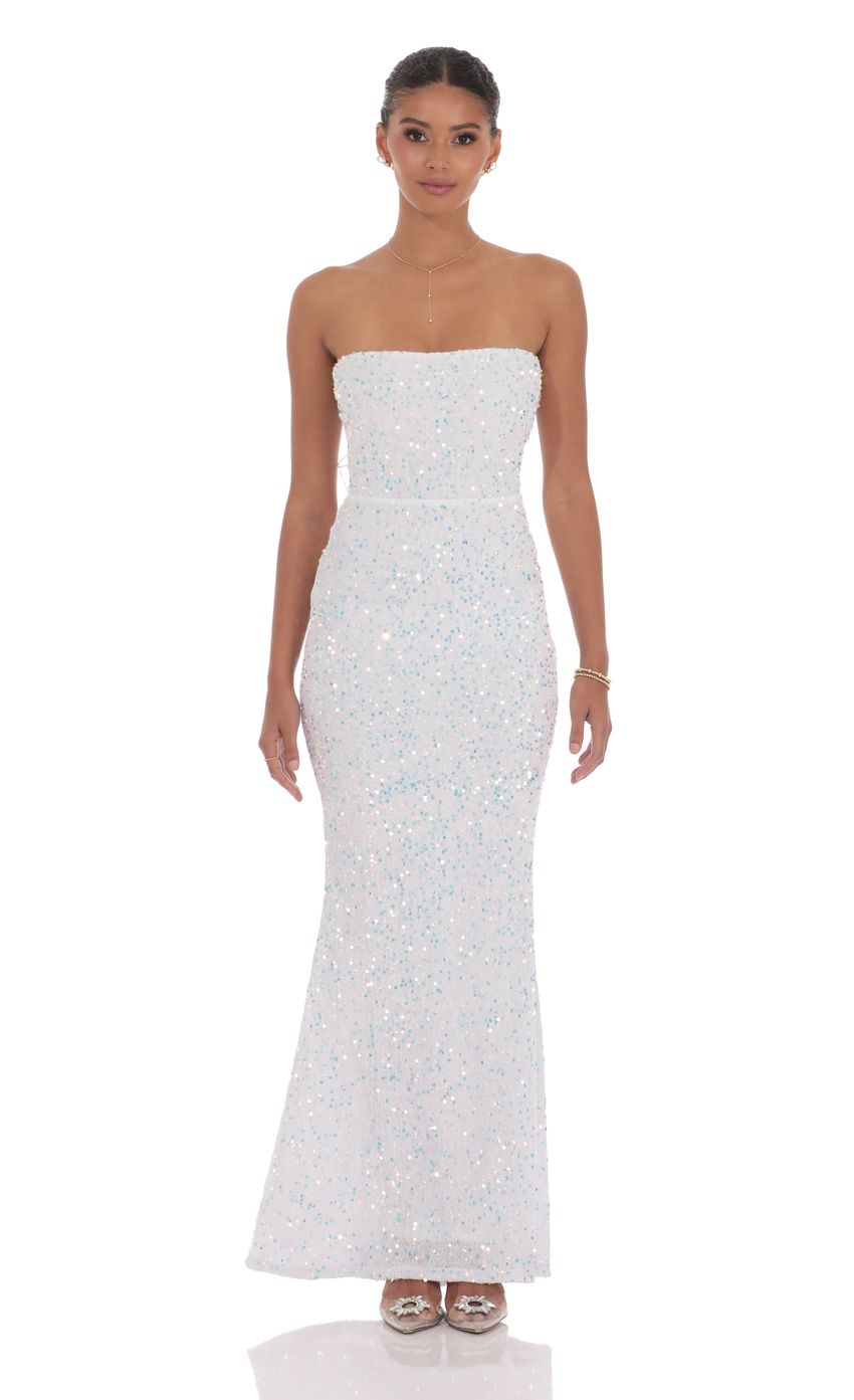 Lucy in the Sky Velvet Sequin Strapless Maxi Dress in White