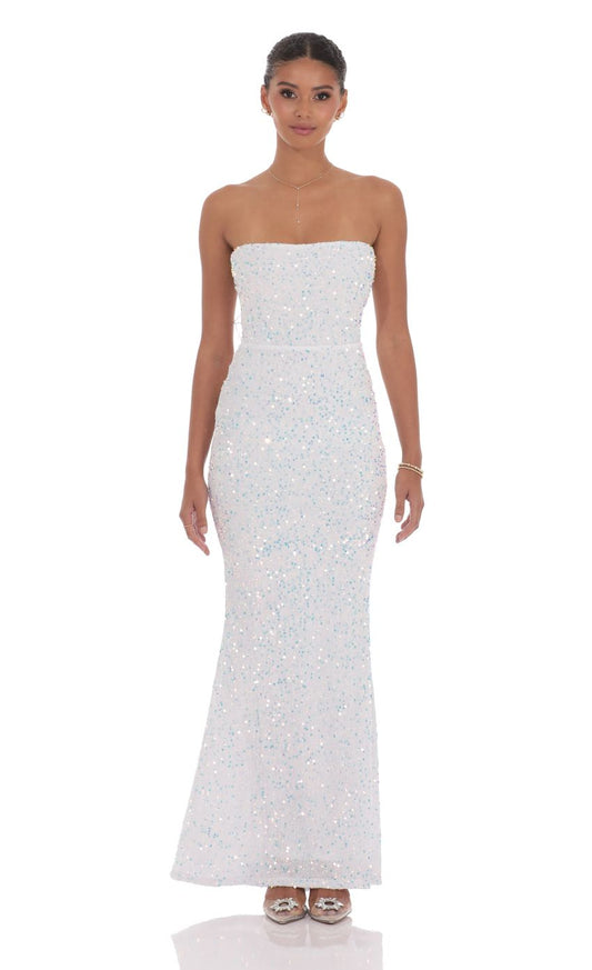 Lucy in the Sky Velvet Sequin Strapless Maxi Dress in White