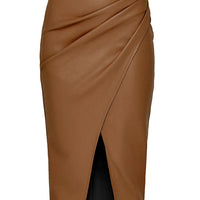 Ursime PU Leather High Rise Pleated Bodycon Midi Skirt