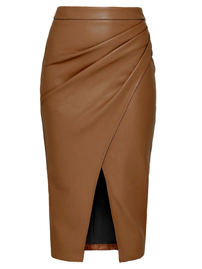 Ursime PU Leather High Rise Pleated Bodycon Midi Skirt