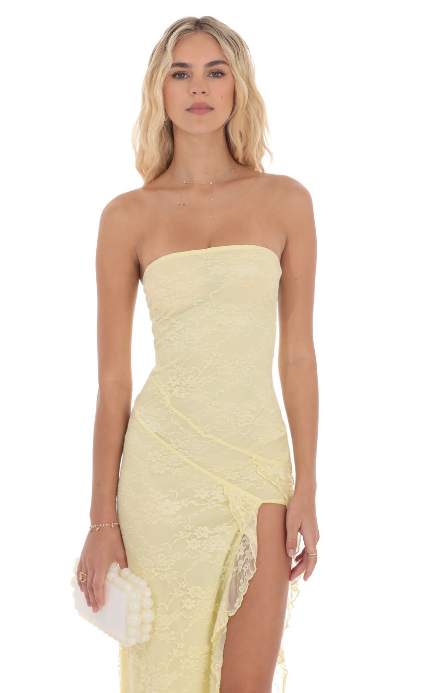 Lucy in the Sky Lace Ruffle Slit Maxi Dress in Yellow