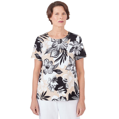 Alfred Dunner Women's Pleated Neck Bold Floral Short Sleeve Tee