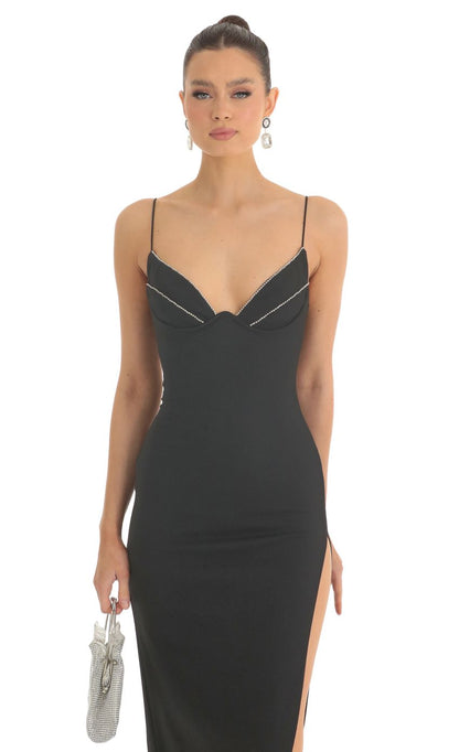 Lucy In The Sky Crepe Rhinestone Corset Maxi Dress in Black