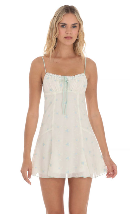 Lucy in the Sky Embroidered Floral Front Tie Dress in White
