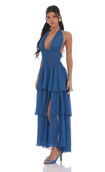 Lucy In The Sky Dotted Smocked Halter Maxi Dress in Blue