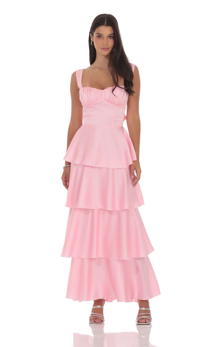 Lucy In The Sky Satin Ruffle Maxi Dress in Pink
