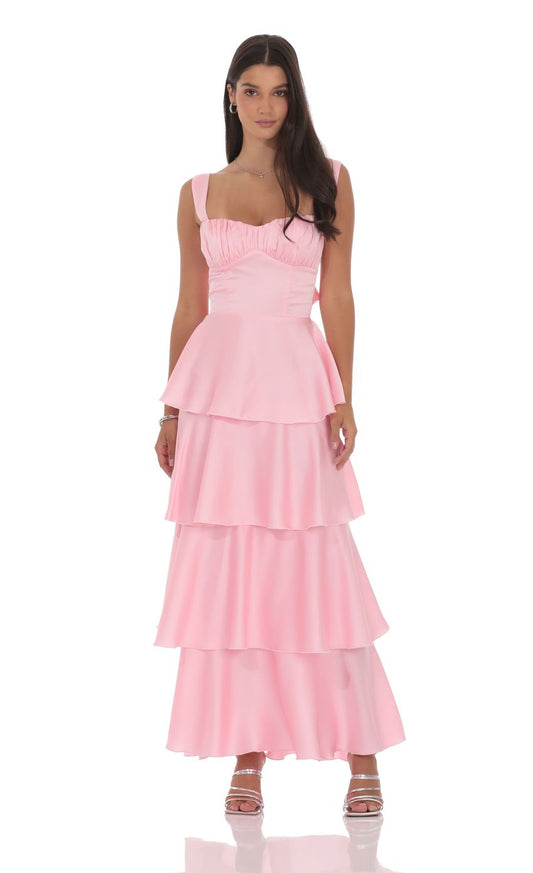 Lucy In The Sky Satin Ruffle Maxi Dress in Pink