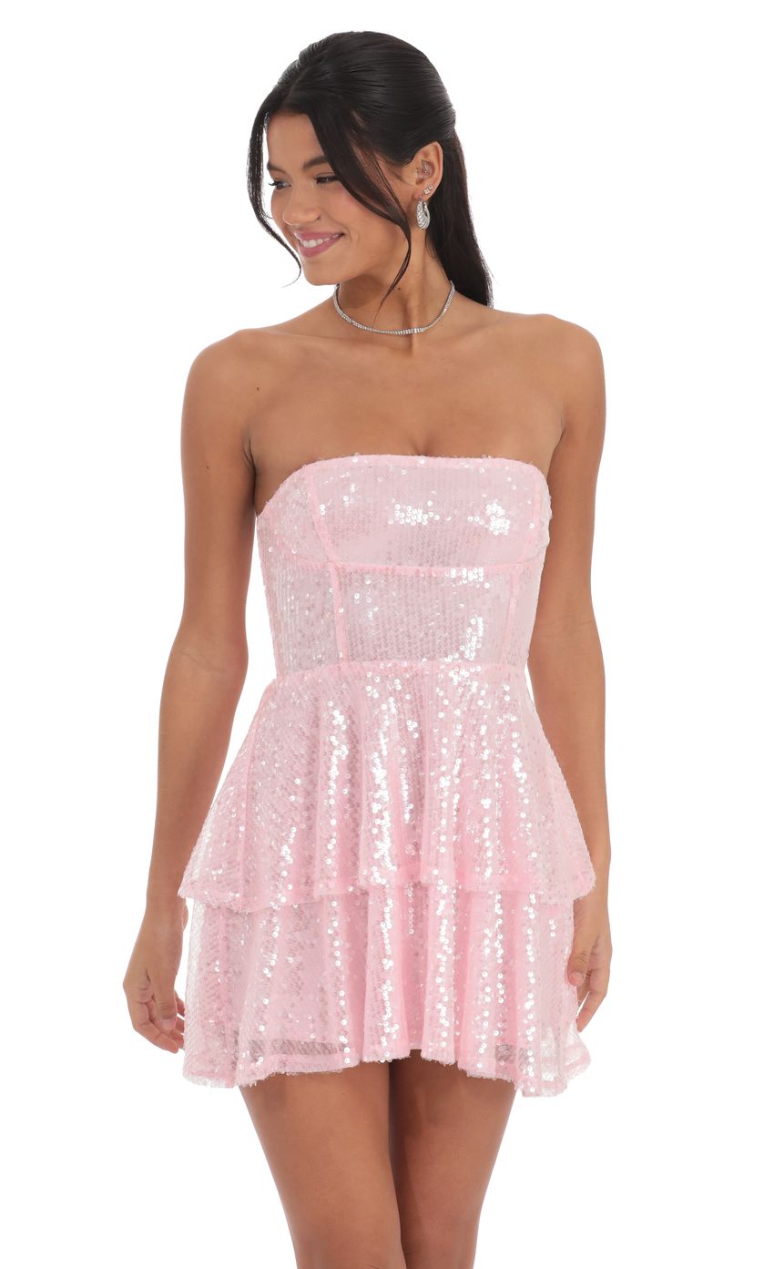 Lucy In The Sky Sequin Strapless Ruffle Dress in Pink