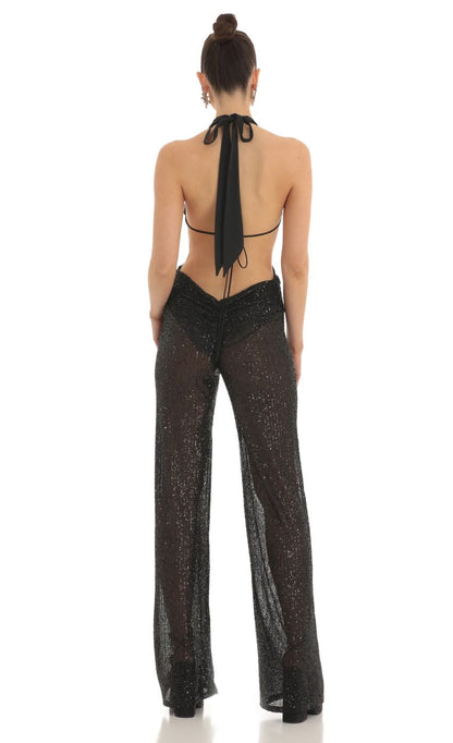 Lucy In The Sky Sequin Plunge Halter Jumpsuit in Black