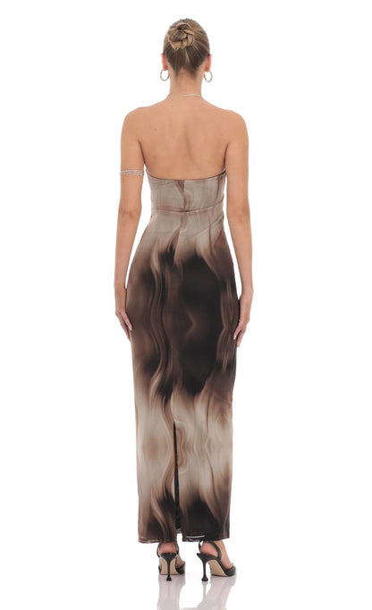 Lucy In The Sky Swirl Mesh Cutout Maxi Dress in Coffee