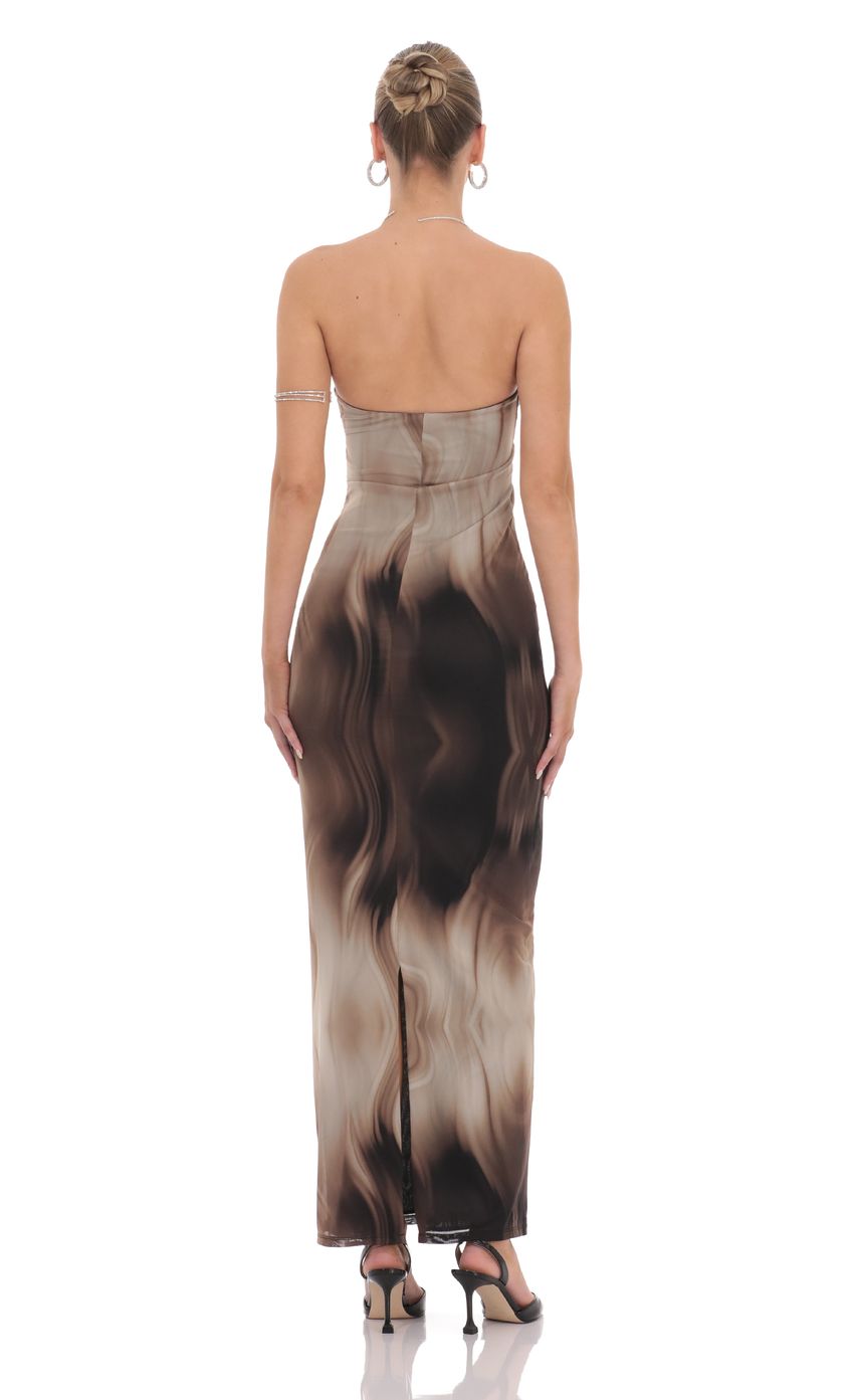 Lucy In The Sky Swirl Mesh Cutout Maxi Dress in Coffee