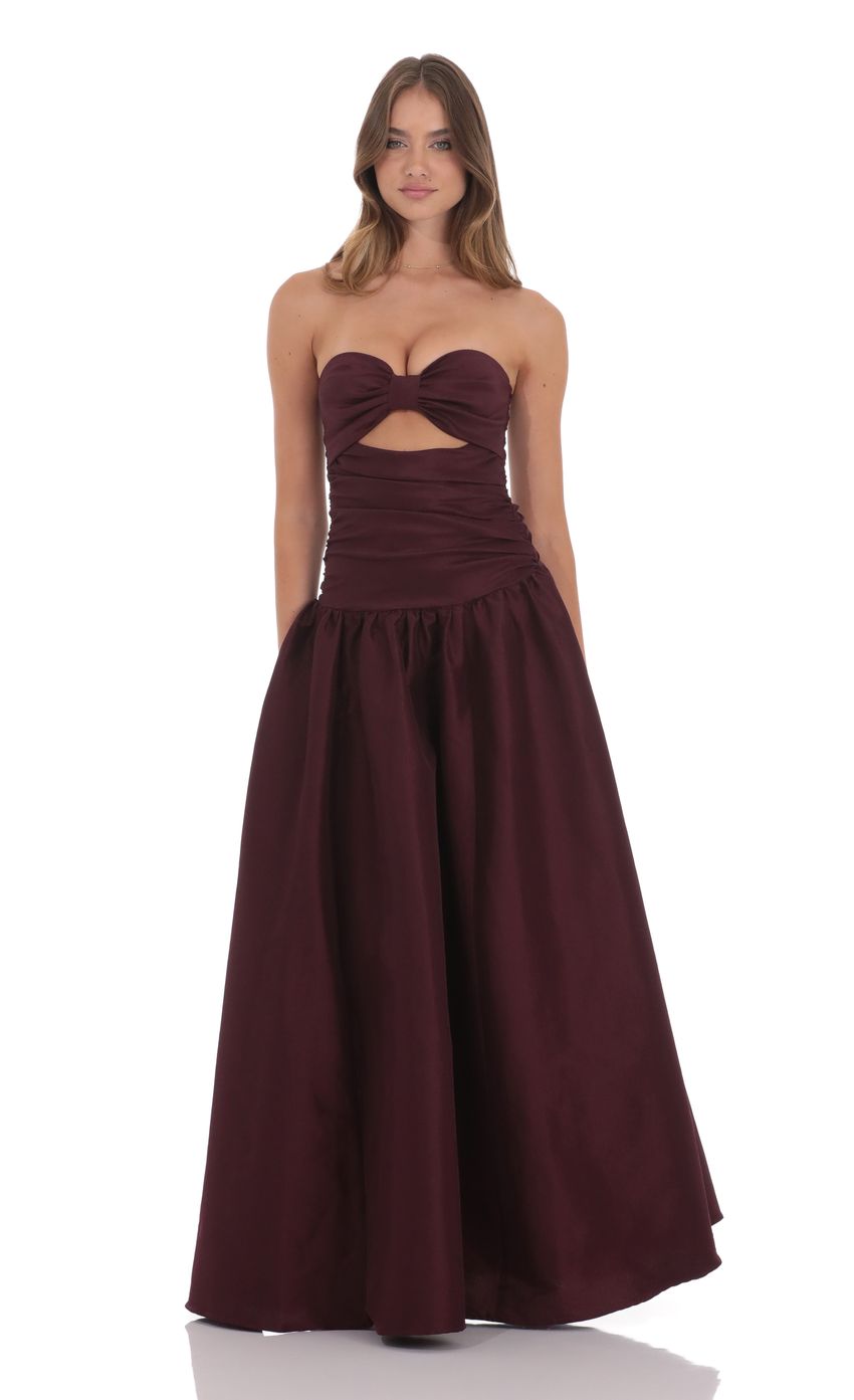 Lucy In The Sky Cutout Drop Waist Strapless Maxi Dress in Wine