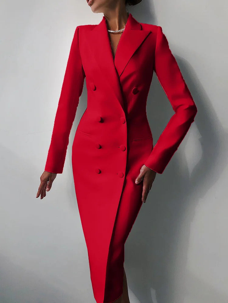 Ursime Formal Peak Lapel Double Breasted Long Sleeve Blazer Midi Dress