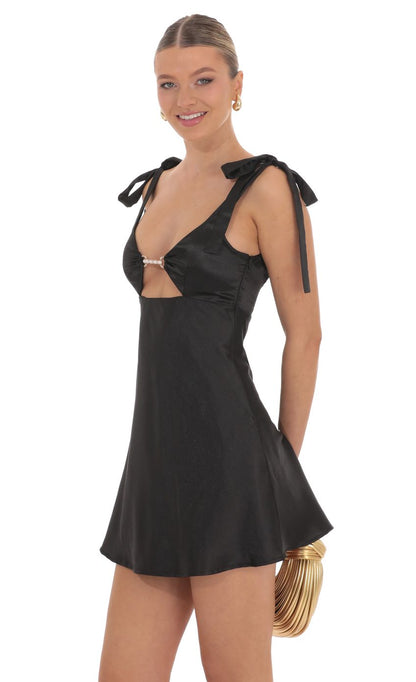 Lucy In The Sky Pearl Cutout Satin Dress in Black