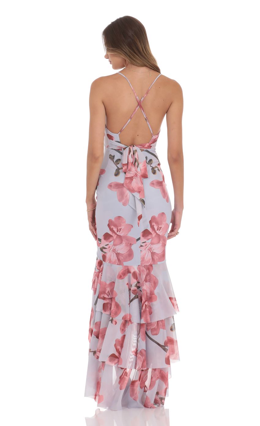 Lucy In The Sky Mesh Floral Ruffle Fishtail Maxi Dress in Blue