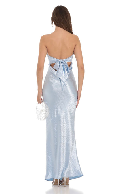 Lucy In The Sky Strapless Satin Open Back Maxi Dress in Light Blue
