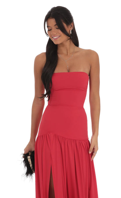 Lucy in the Sky Strapless Drop Waist Maxi Dress in Red