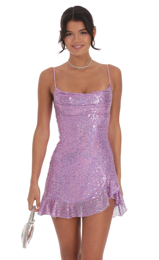 Lucy In The Sky Sequin Ruffled Slit Dress in Lavender