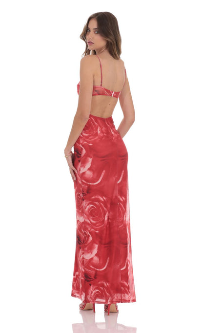 Lucy In The Sky Rose Open Back Mesh Maxi Dress in Red