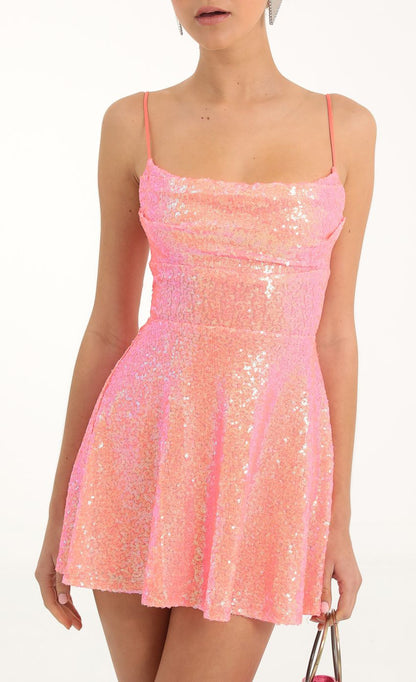 Lucy In The Sky Sequin Cowl Neck Dress in Orange