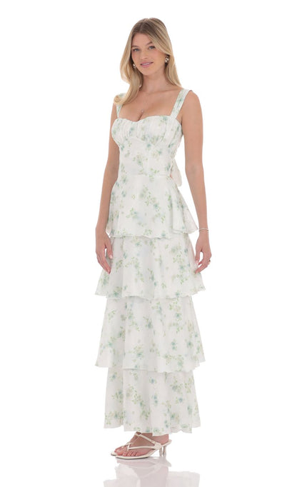 Lucy in the Sky Floral Ruffle Maxi Dress in Pastel Green
