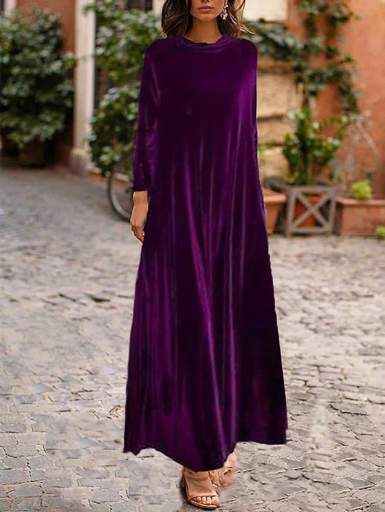 Ursime Velvet Solid Crew Neck Long Sleeve Maxi Dress