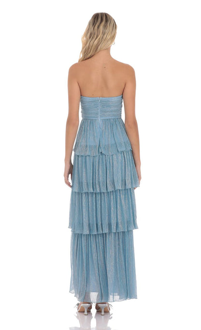 Lucy In The Sky Strapless Shimmer Ruffle Maxi Dress in Blue