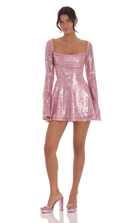 Lucy In The Sky Sequin Flare Dress in Rose Gold