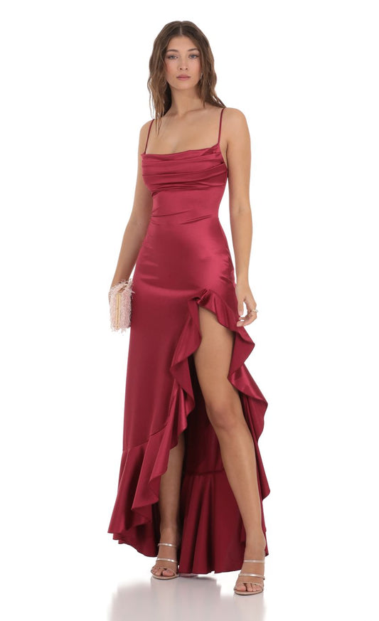 Lucy In The Sky Satin Ruffle Maxi Dress in Maroon