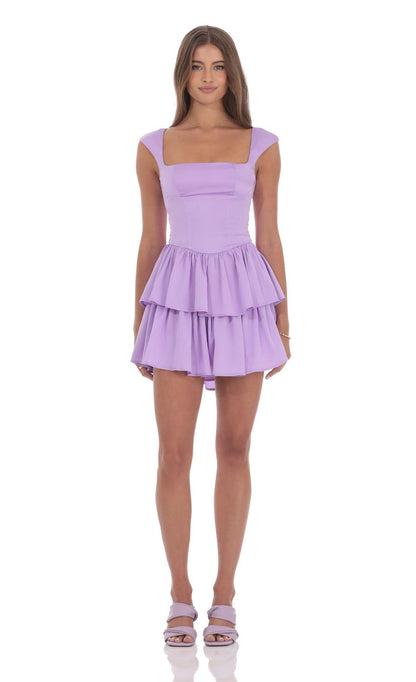 Lucy In The Sky Satin Wide Strap Ruffle Dress in Lavender