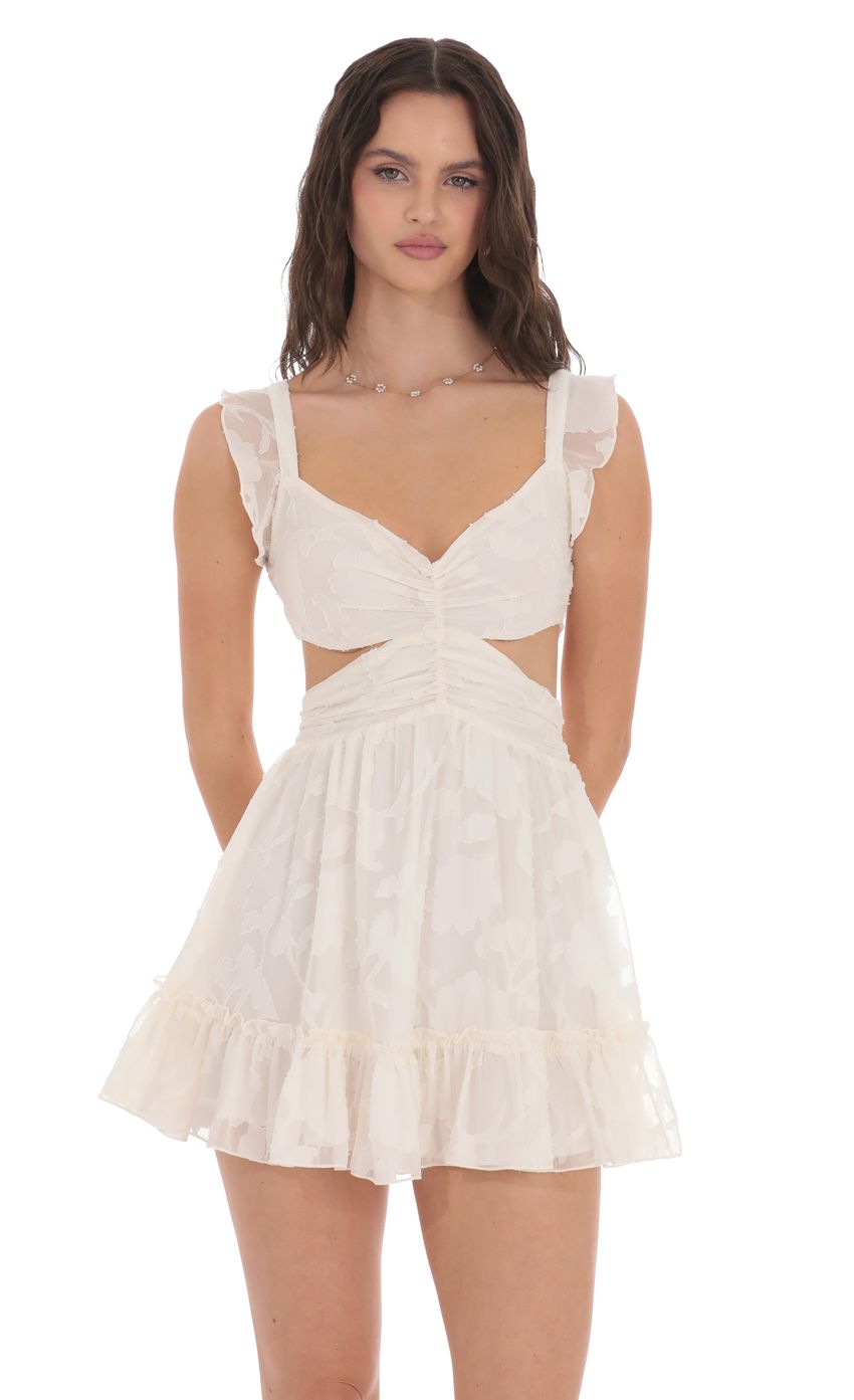 Lucy In The Sky Ruffle Floral Cutout Dress in Cream