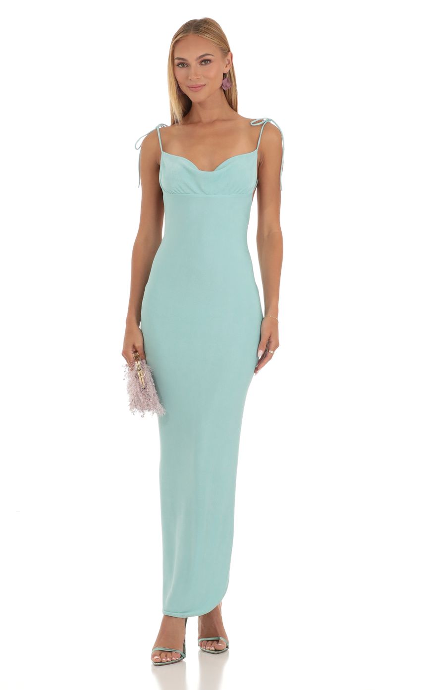 Lucy in the Sky Slinky Back Slit Maxi Dress in Aqua