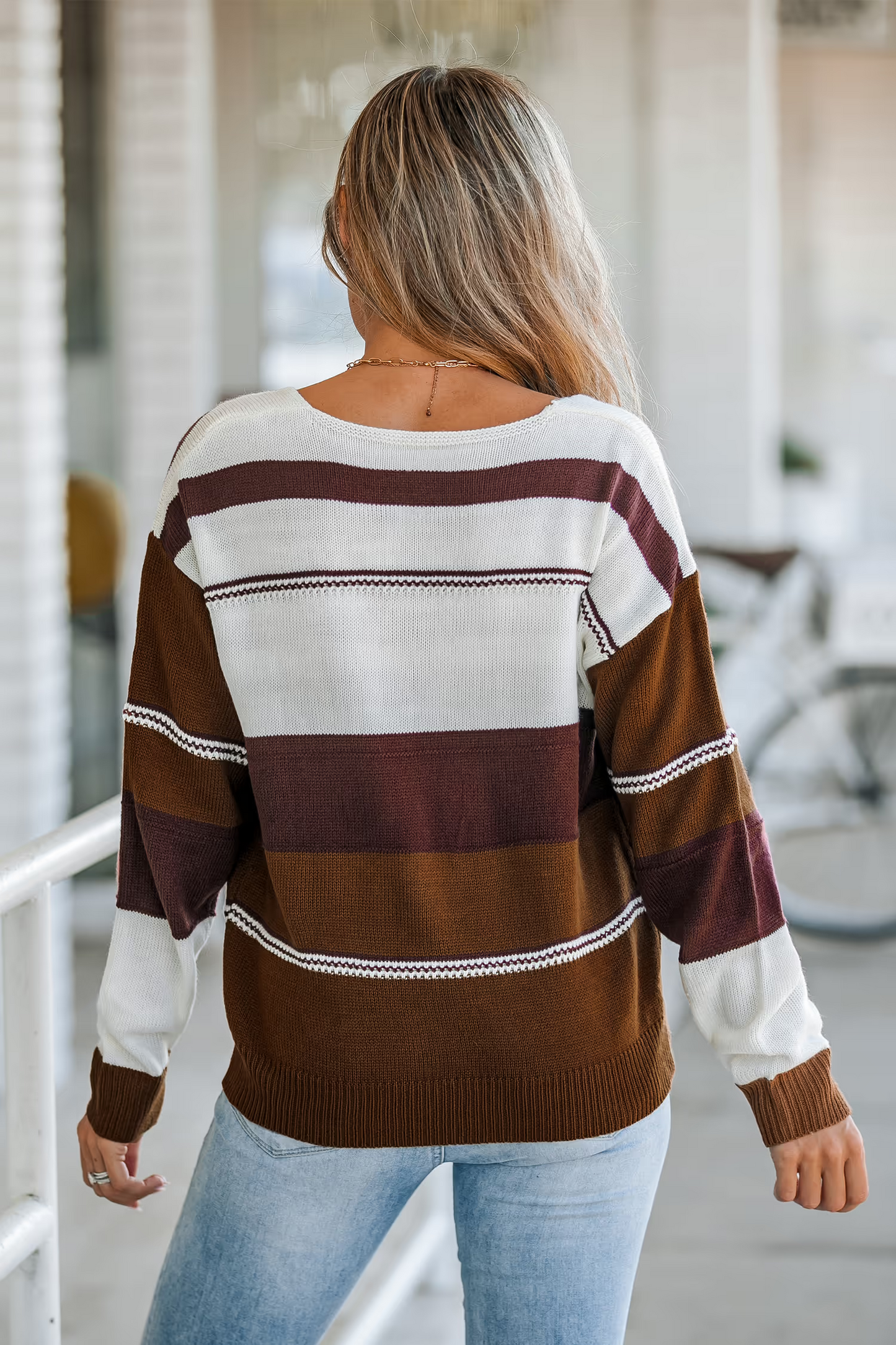 Cupshe Coffee Striped V-Neck Sweater (x3)