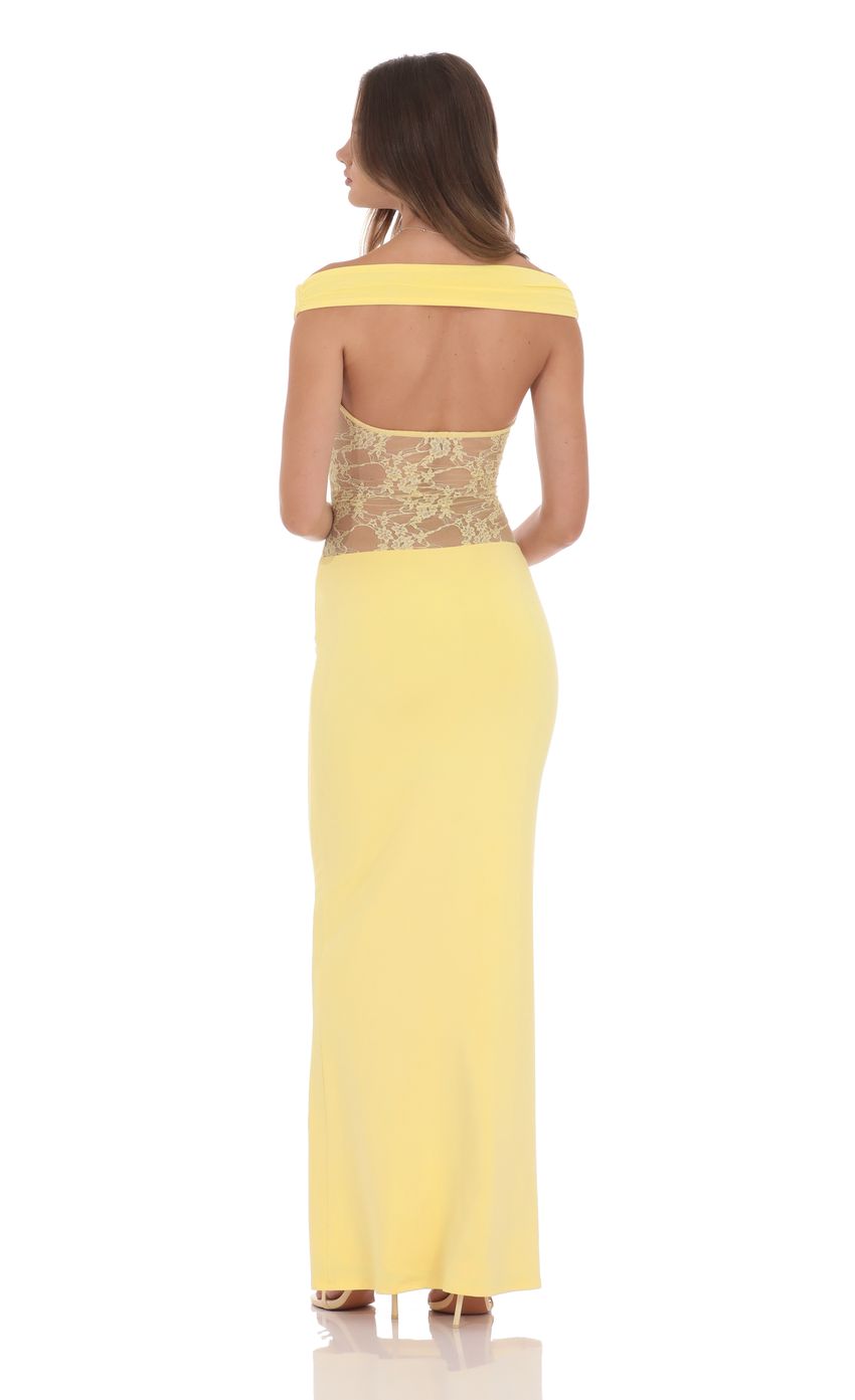 Lucy In The Sky Off Shoulder Lace Cutout Maxi Dress in Yellow
