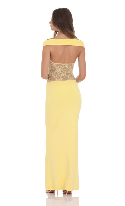 Lucy In The Sky Off Shoulder Lace Cutout Maxi Dress in Yellow