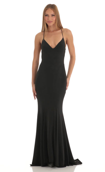 Lucy in the Sky Open Back Maxi Dress in Black