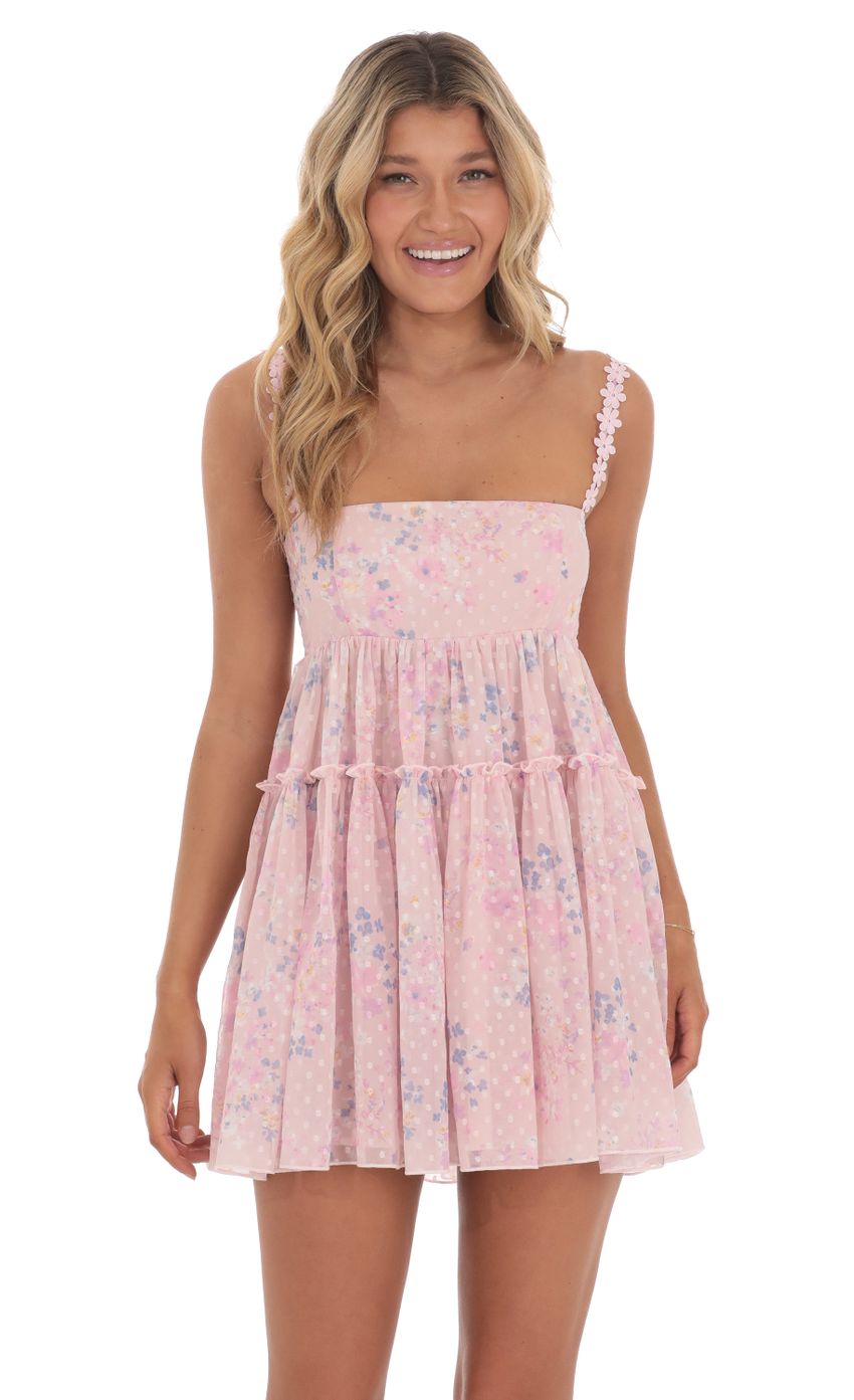 Lucy In The Sky Dotted Floral Babydoll Dress in Pink