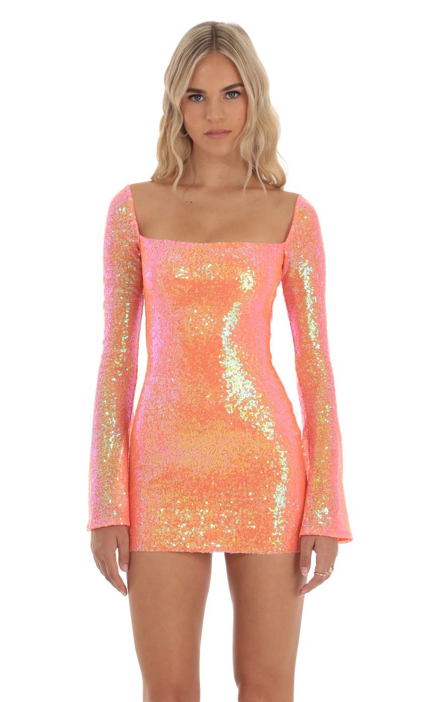 Lucy In The Sky Iridescent Sequin Long Sleeve Dress in Orange