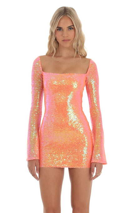 Lucy In The Sky Iridescent Sequin Long Sleeve Dress in Orange