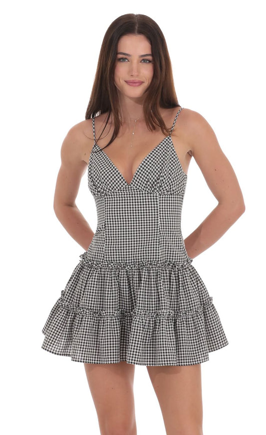 Lucy In The Sky Gingham V-Neck Dress in Black and White