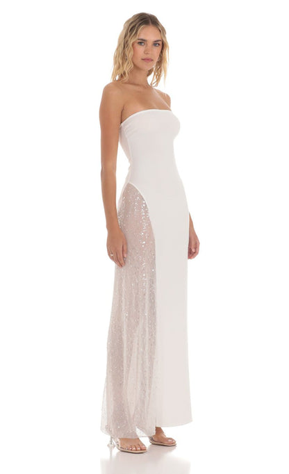 Lucy in the Sky Strapless Mesh Sequin Slit