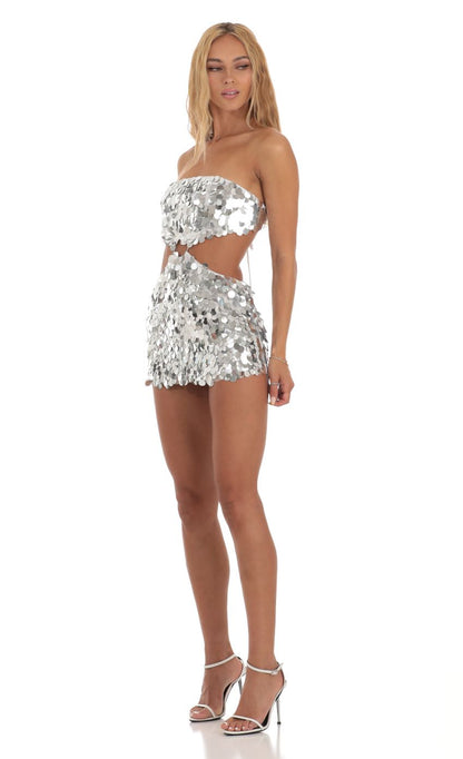 Lucy In The Sky Silver Sequin Cutout Dress in White