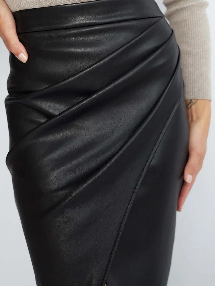 Ursime PU Leather High Rise Pleated Bodycon Midi Skirt