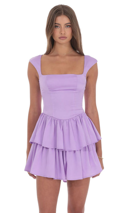 Lucy In The Sky Satin Wide Strap Ruffle Dress in Lavender