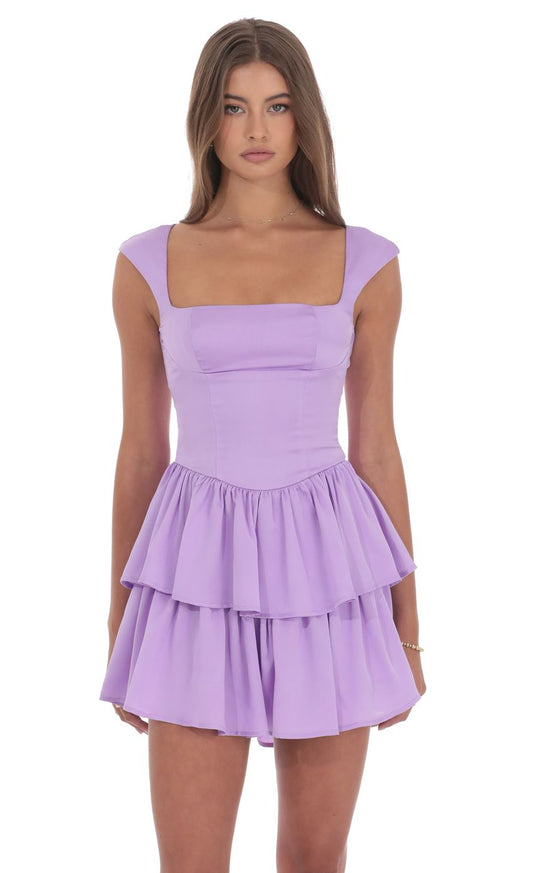 Lucy In The Sky Satin Wide Strap Ruffle Dress in Lavender
