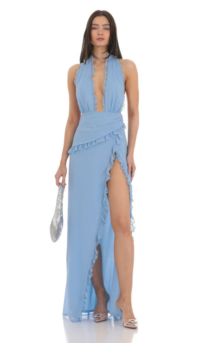 Lucy In The Sky Plunge Neck Halter Dress in Blue