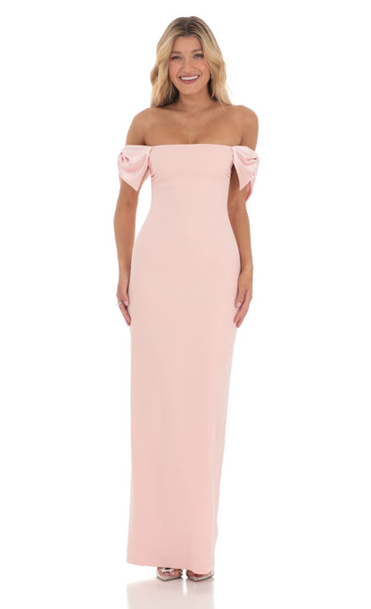 Lucy In The Sky Off Shoulder Bow Sleeve Maxi Dress in Pink