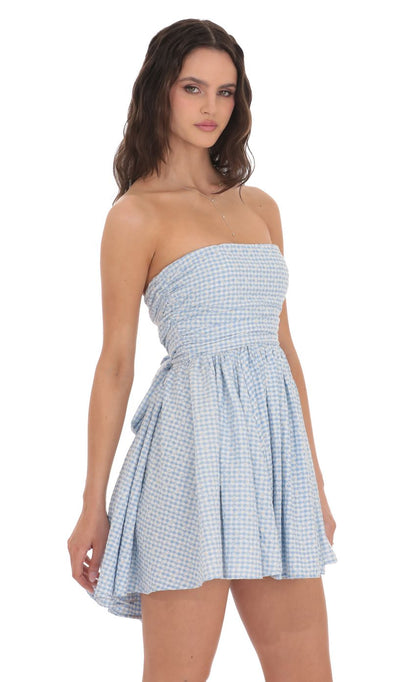 Lucy In The Sky Floral Strapless A-line Dress in Gingham Blue